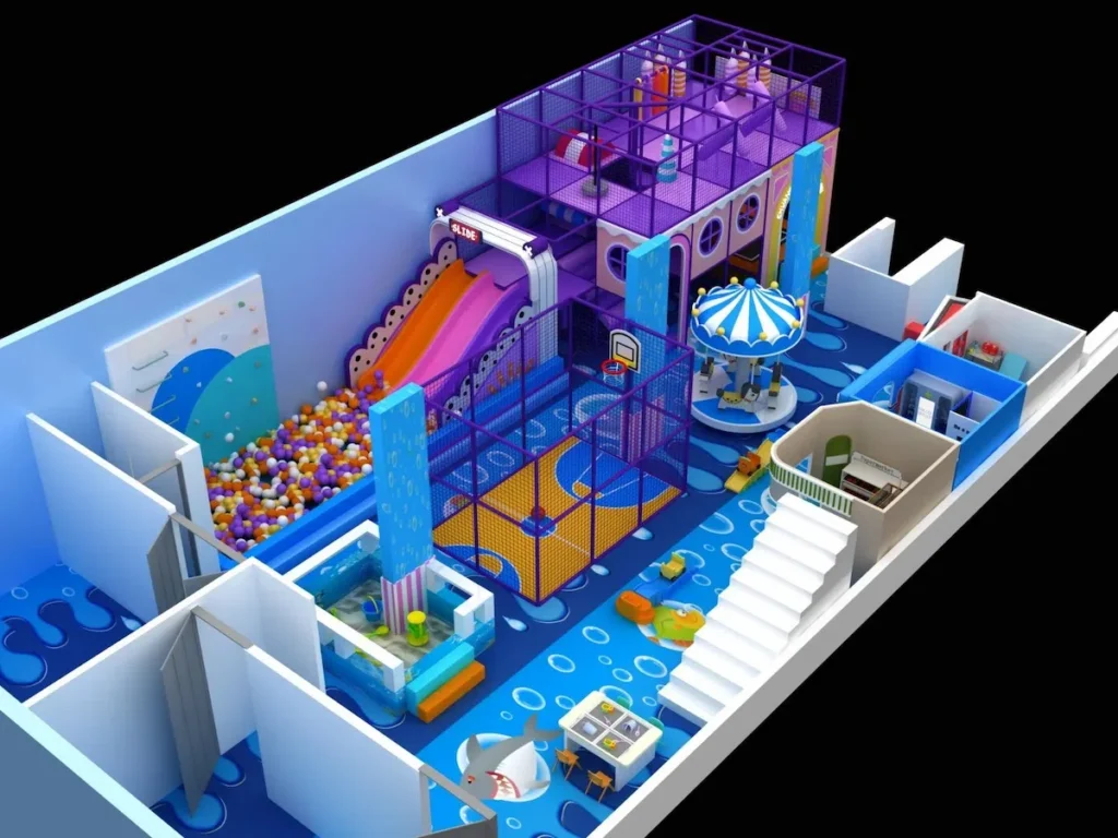 تصميم وتجهيز ملعب ألعاب أطفال داخلي متكامل يضم زحاليق ومسبح كرات ومنطقة سوفت بلاي وألعاب ترفيهية آمنة للأطفال