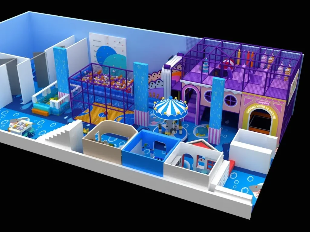 تصميم مركز ألعاب أطفال داخلي حديث يضم مناطق سوفت بلاي ومسبح كرات وزحاليق وألعاب