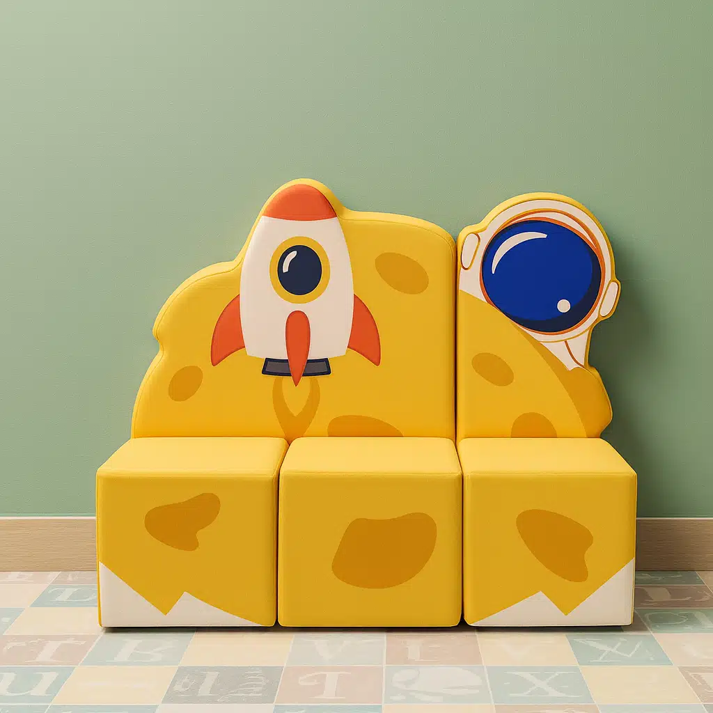 أريكة أطفال إسفنجية صفراء بتصميم مرح مستوحى من الفضاء