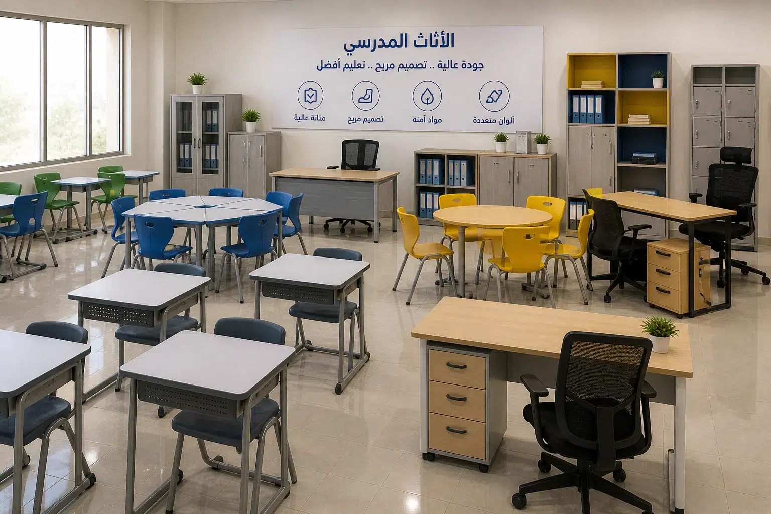 فصل دراسي حديث مجهز بأثاث مدرسي متنوع يشمل طاولات وكراسي طلابية ومكاتب معلمين وخزائن تنظيم