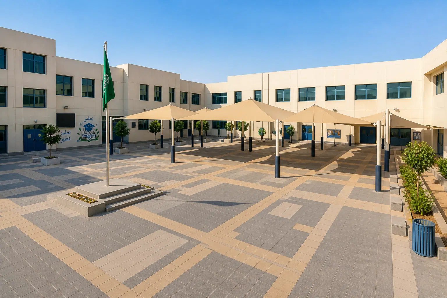 ساحة مدرسية واسعة مزودة بمظلات حديثة وأرضيات مرتبة مع مبنى المدرسة المحيط وأشجار صغيرة وعلم المملكة في المنتصف