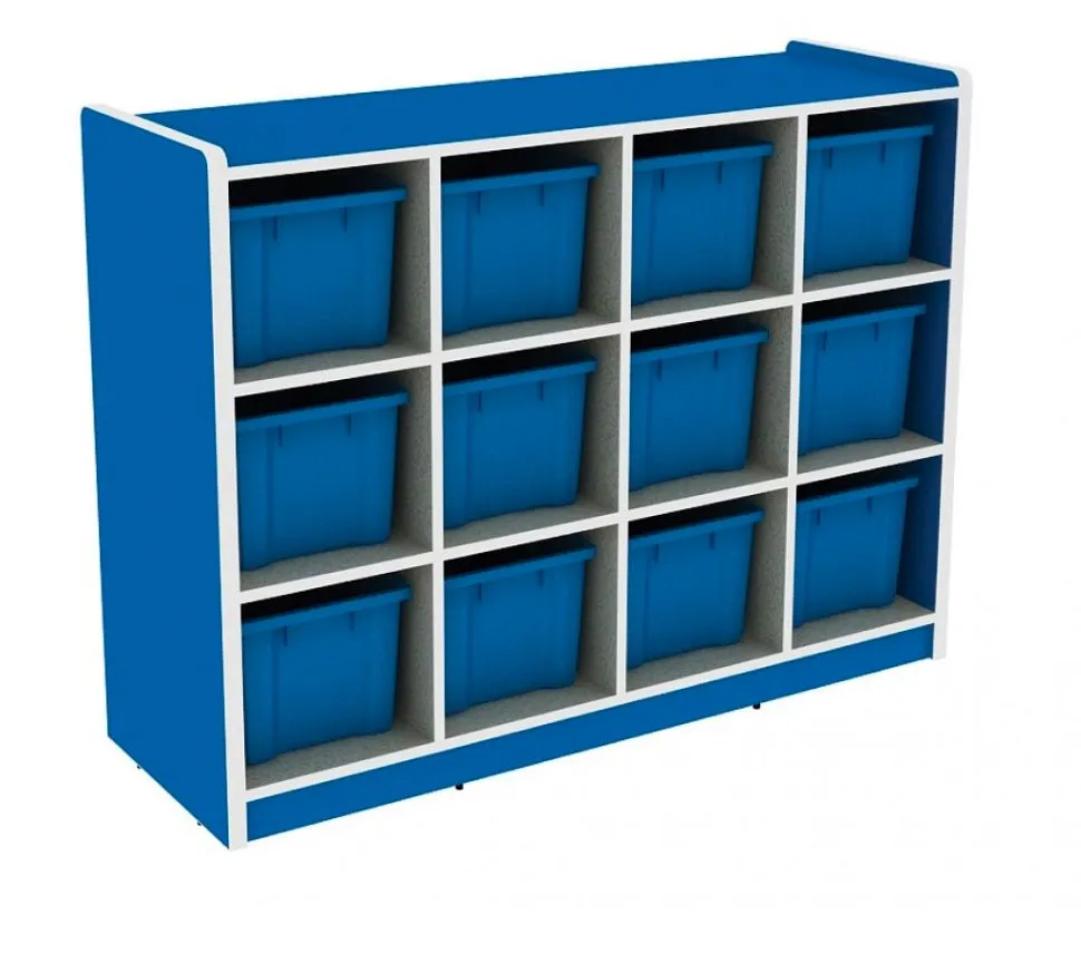 مكتبة تخزين مدرسية تحتوي على 12 صندوق بلاستيكي أزرق، تستخدم لتنظيم الأدوات والكتب في الفصول الدراسية أو المكتبات المدرسية