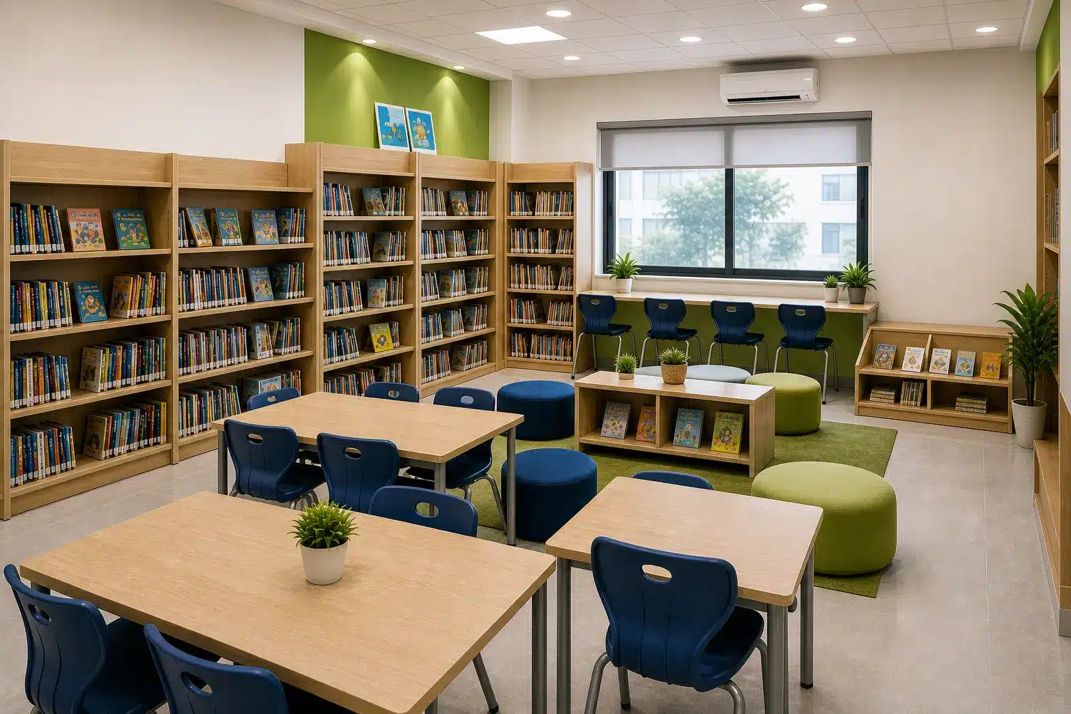 مكتبة مدرسية حديثة مجهزة برفوف كتب منظمة وطاولات قراءة للطلاب مع كراسي مريحة وإضاءة طبيعية